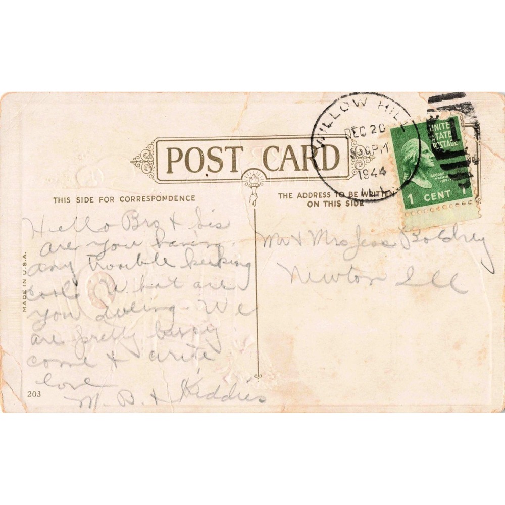 Vintage 1944 Christmas Postcard Willow Hill IL George Washington 1 Cent Stamp - Picture 2 of 2